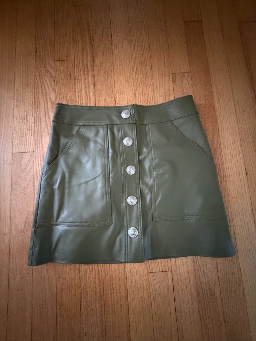 Veronica Beard Olive Faux Leather Button-Front Mini Skirt